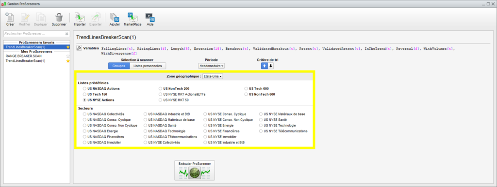 ProScreener Management Window List