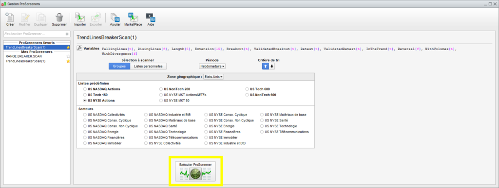 ProScreener Management Window Run