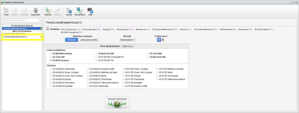 ProScreener Management Window Select Screener